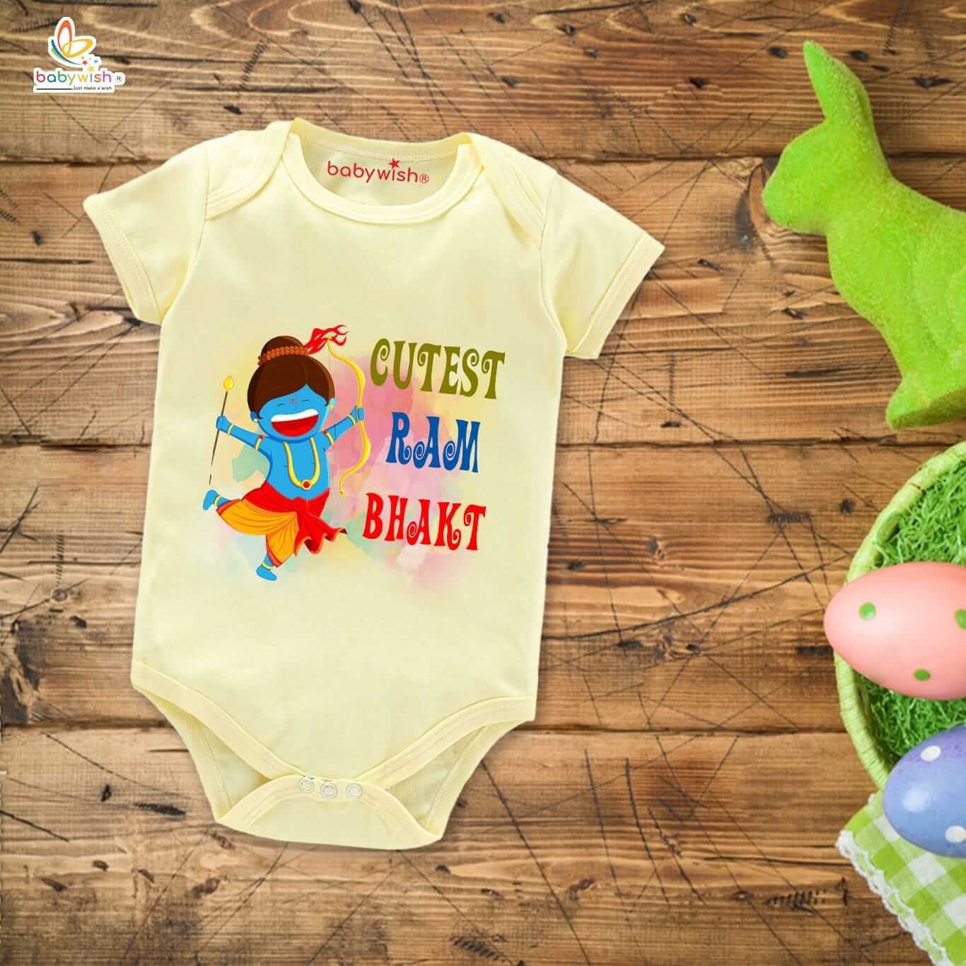 Baby First Ramnavmi Romper | Cutest Ram Bhakt Printed Baby Romper | Navratri Festival Bodysuits for Newborn | Soft Cotton Half Sleeve Unisex Onesies Outfit with Envelope Neck