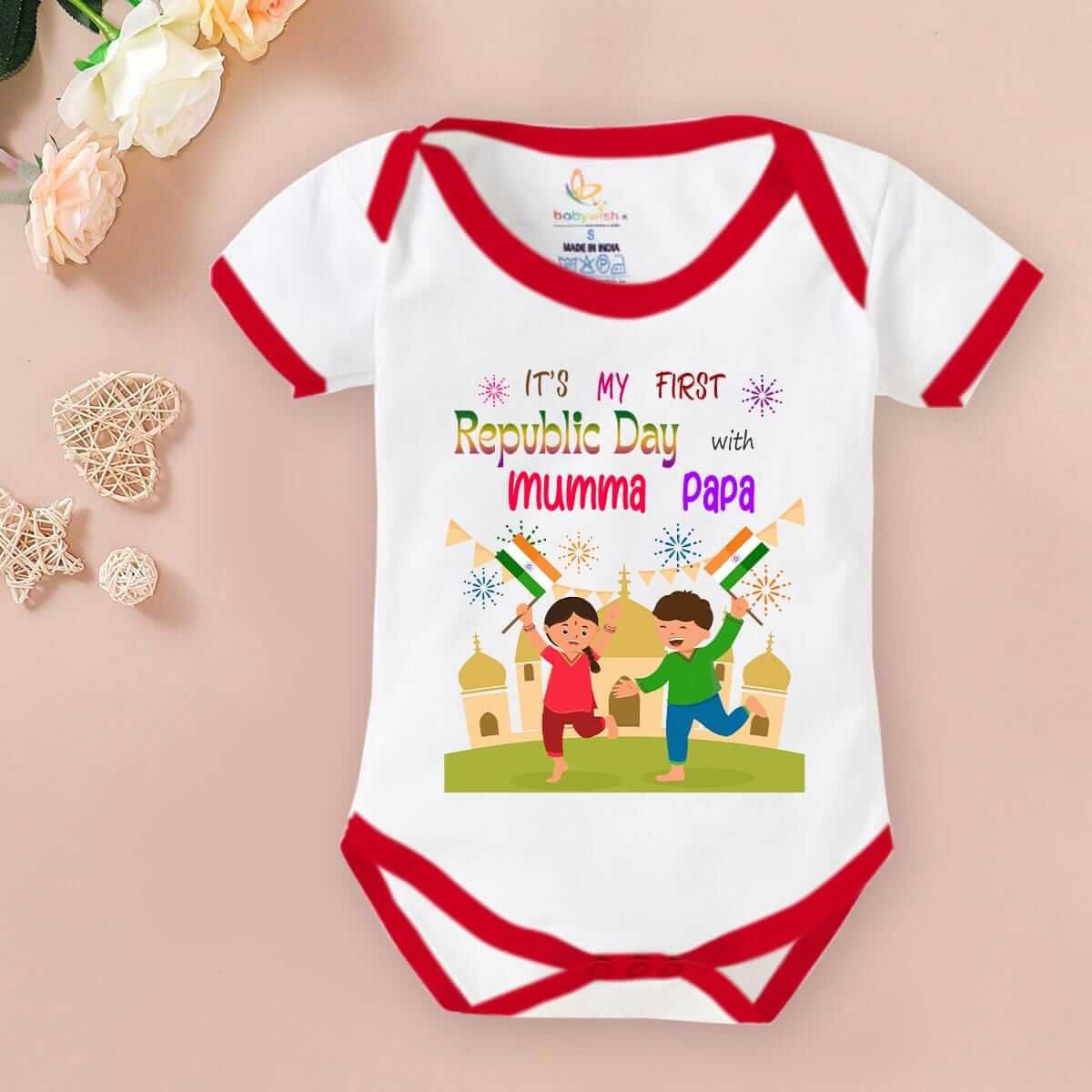 Baby First Republic Day Romper Clothes Baby Bodysuits Newborn Outfit Envelop Neck Half Sleeve Unisex Onesies"Happy Republic Day"
