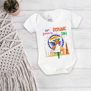 Babywish 26th January Republic Day Printed Baby Romper Bodysuit White Color 0-12 Months Soft Cotton Newborn Baby Wear Patriotic India Theme Outfit | Babywish