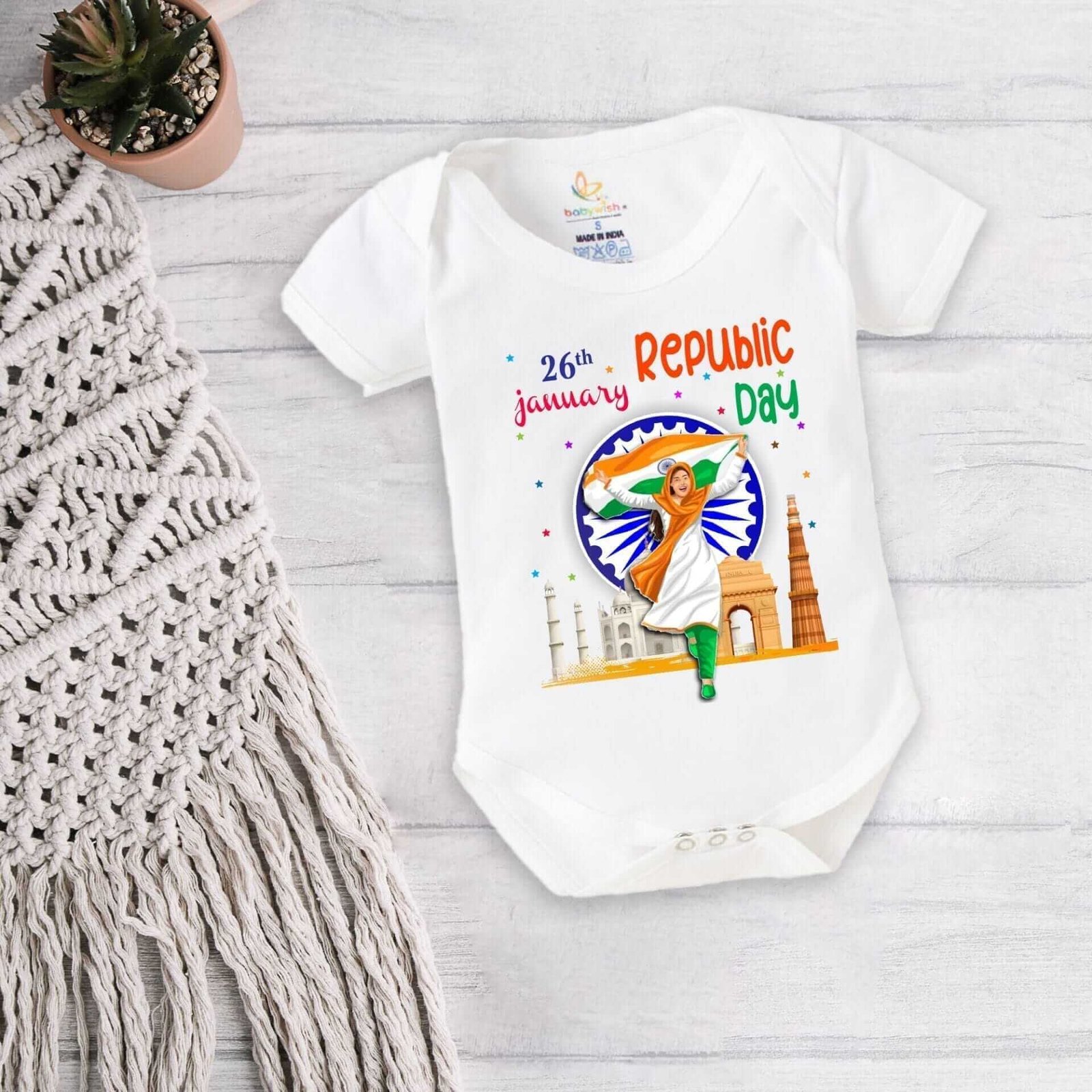 Baby First Republic Day Romper Clothes Baby Bodysuits Newborn Outfit Envelop Neck Half Sleeve Unisex Onesies"Happy Republic Day"
