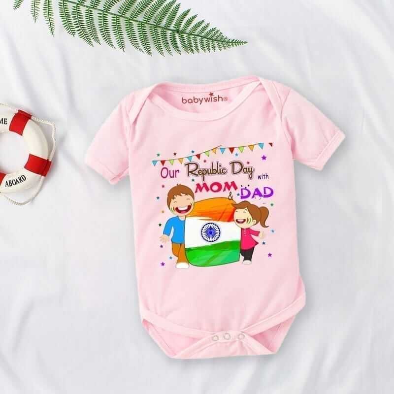 Baby First Republic Day Romper Clothes Baby Bodysuits Newborn Outfit Envelop Neck Half Sleeve Unisex Onesies"Happy Republic Day"