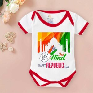 Baby Boys & Girls | Happy Republic Day Jai Hind Printed Half Sleeve Cotton Bodysuit Romper for Newborn Baby, Soft Comfortable Infant Onesie Gift Wear White Red 0-12 Months | Babywish