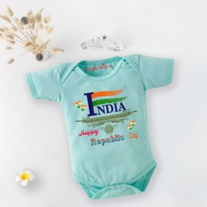 Babywish Happy Republic Day India Printed Baby Romper Bodysuit Mint Green Color 0-12 Months Soft Cotton Newborn Baby Wear | Babywish