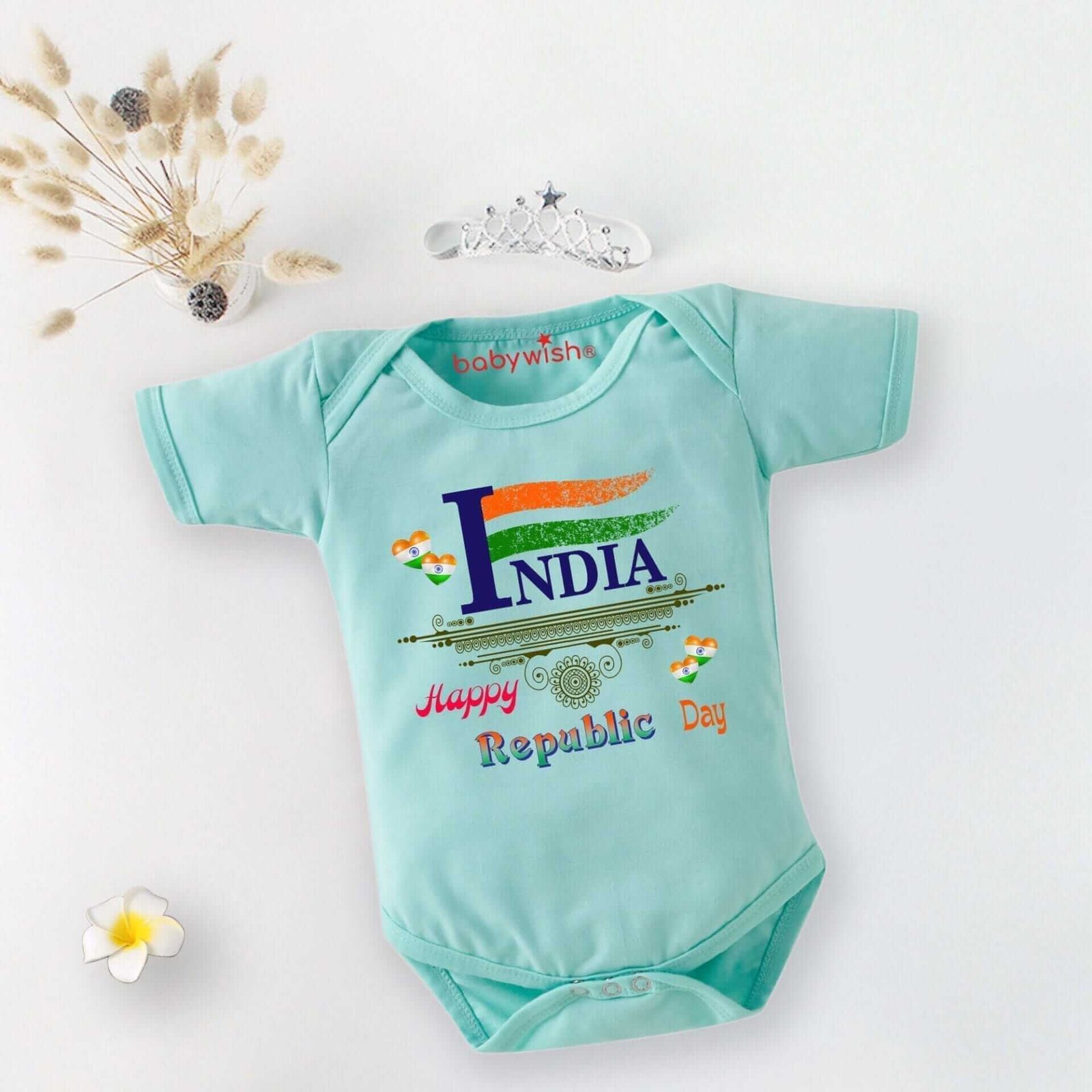 Baby First Republic Day Romper Clothes Baby Bodysuits Newborn Outfit Envelop Neck Half Sleeve Unisex Onesies"Happy Republic Day"