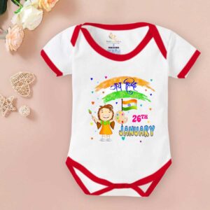 Jai Hind Republic Day Baby Romper for Newborn Boys & Girls | Soft Cotton Half Sleeve Patriotic Bodysuit with Indian Flag & 26 January Print | Republic Day Celebration Onesie Red White | 0-12 Months | Babywish