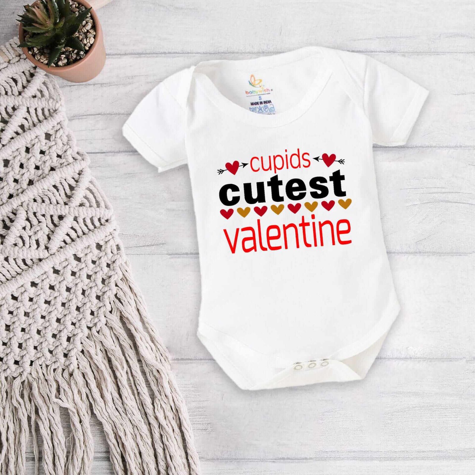 Baby First Valentine Day Romper Clothes | Baby Valentine Bodysuits Newborn Outfit | Envelop Neck Half Sleeve Unisex Onesies "Cupid Cutest Valentine" Baby Clothes | Babywish