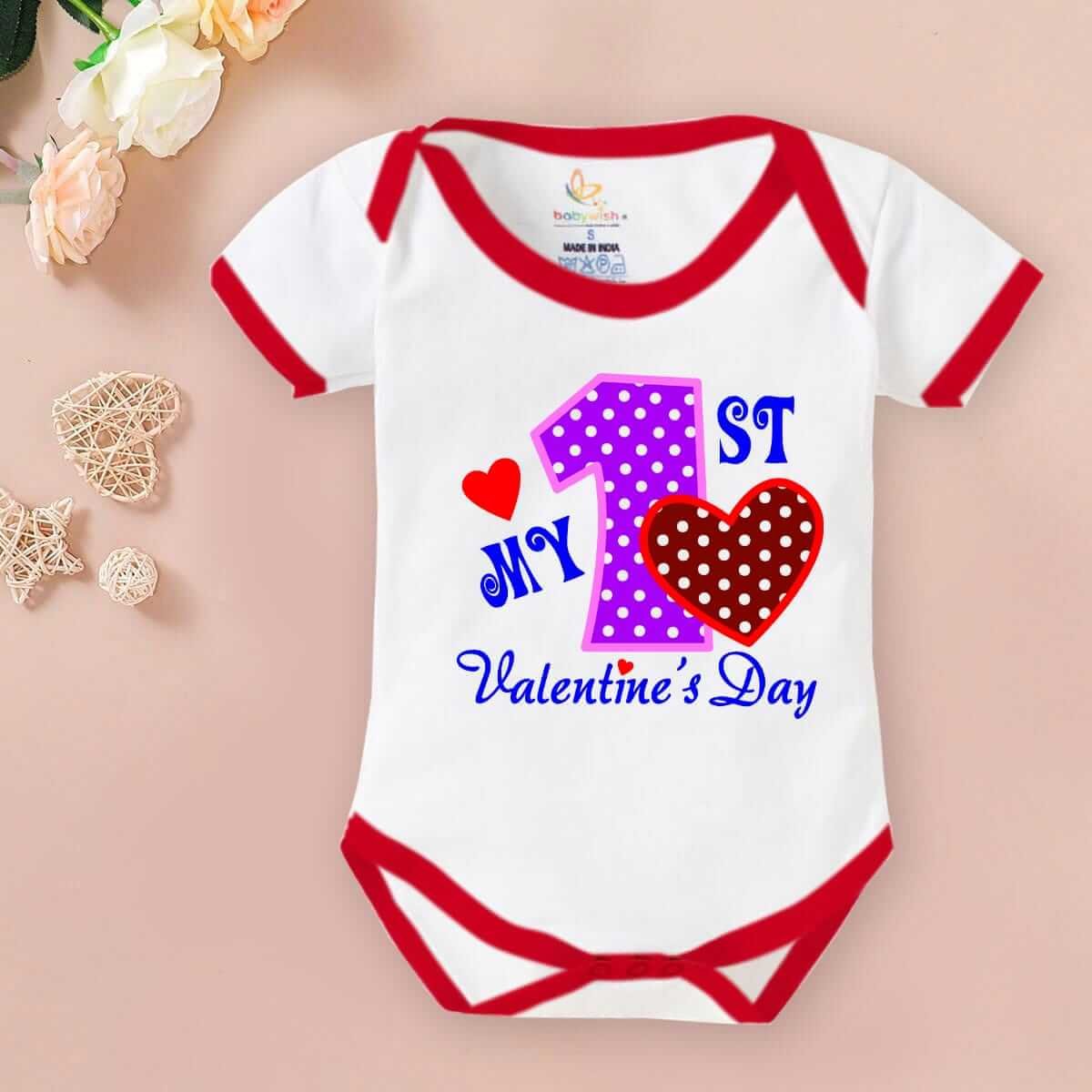 Baby First Valentine Day Romper Clothes | Baby Valentine Bodysuits Newborn Outfit | Envelop Neck Half Sleeve Unisex Onesies "First Valentine Heart Print" Baby Clothes | Babywish