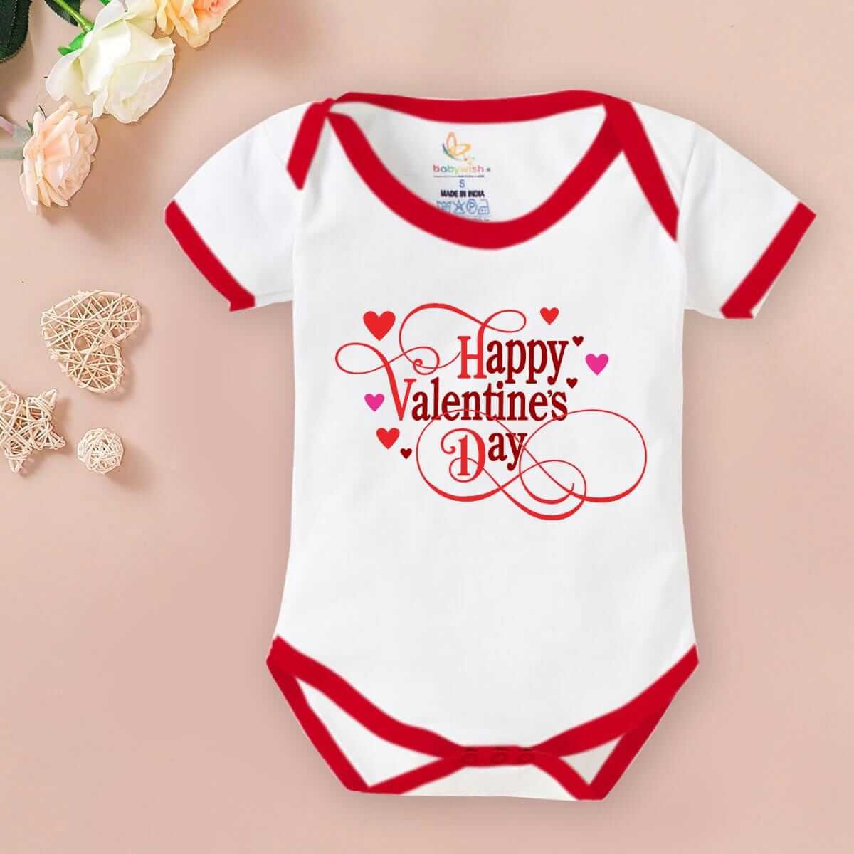 Baby First Valentine Day Romper Clothes | Baby Valentine Bodysuits Newborn Outfit | Envelop Neck Half Sleeve Unisex Onesies "Happy Valentine Day" Baby Clothes | Babywish