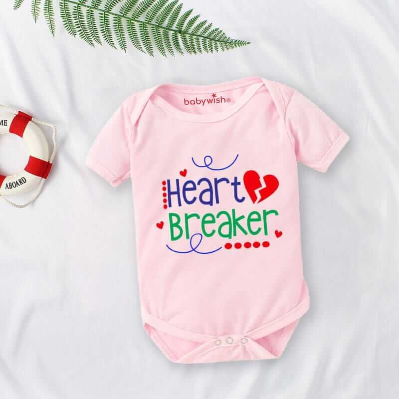 Baby First Valentine Day Romper Clothes | Baby Valentine Bodysuits Newborn Outfit | Envelop Neck Half Sleeve Unisex Onesies "Heart Breaker Print" Cute Valentine Dress for Baby Boys & Girls | Babywish