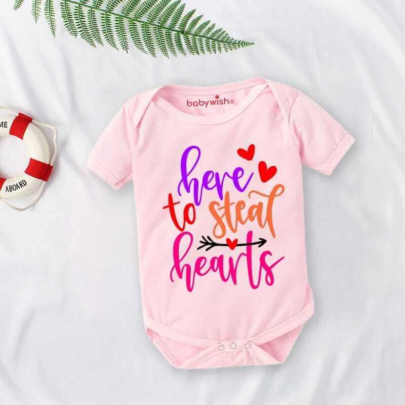 Baby First Valentine Day Romper Clothes | Baby Valentine Bodysuits Newborn Outfit | Envelop Neck Half Sleeve Unisex Onesies "Here to Steal Heart" Cute Valentine Dress for Baby Boys & Girls | Babywish