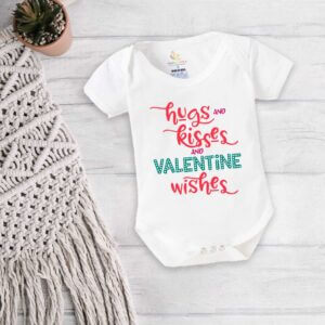 Baby First Valentine Day Romper Clothes | Baby Valentine Bodysuits Newborn Outfit | Envelop Neck Half Sleeve Unisex Onesies "Hugs And Kisses Valentine Wishes" Babywear | Babywish