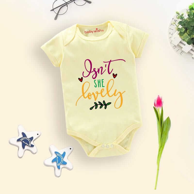 Baby First Valentine Day Romper Clothes | Baby Valentine Bodysuits Newborn Girl Outfit | Envelop Neck Half Sleeve Unisex Onesies "Isn't She Lovely" Cute Valentine Dress for Baby Girls & Boys | Babywish