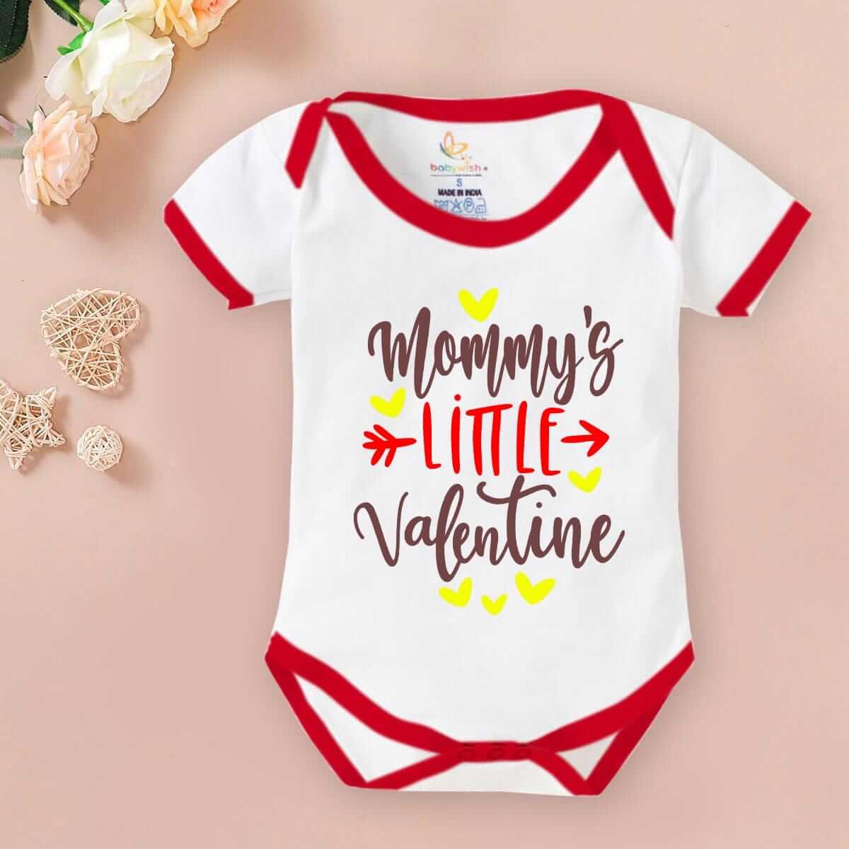 Baby First Valentine Day Romper Clothes | Baby Valentine Bodysuits Newborn Outfit | Envelop Neck Half Sleeve Unisex Onesies "Mummy's Valentine" Cute Baby Boy Girl Valentine Gift Outfit | Babywish