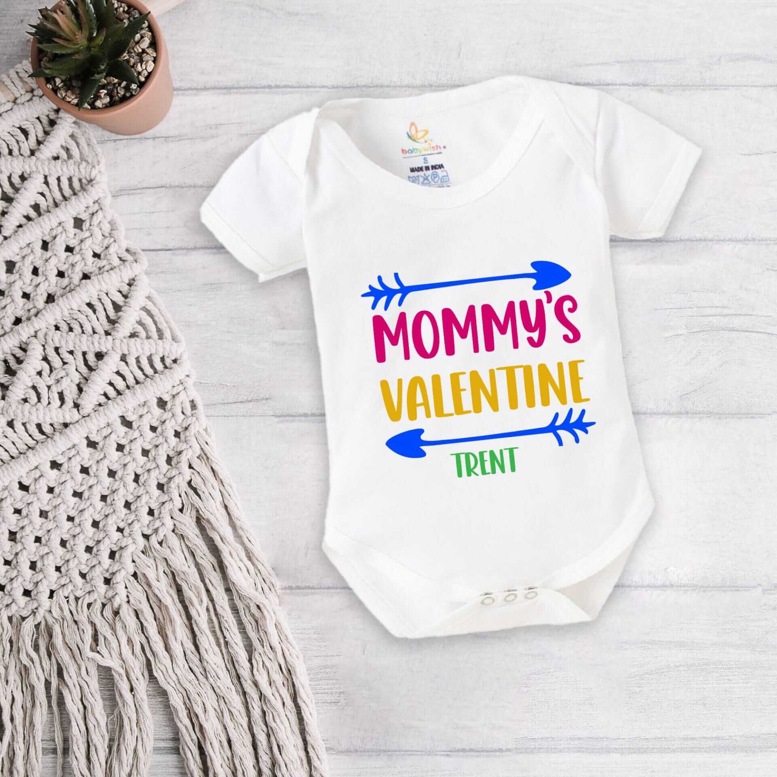Baby First Valentine Day Romper Clothes | Baby Valentine Bodysuits Newborn Outfit | Envelop Neck Half Sleeve Unisex Onesies "Mummy's Valentine Trent" Babywear for Boys & Girls | Babywish