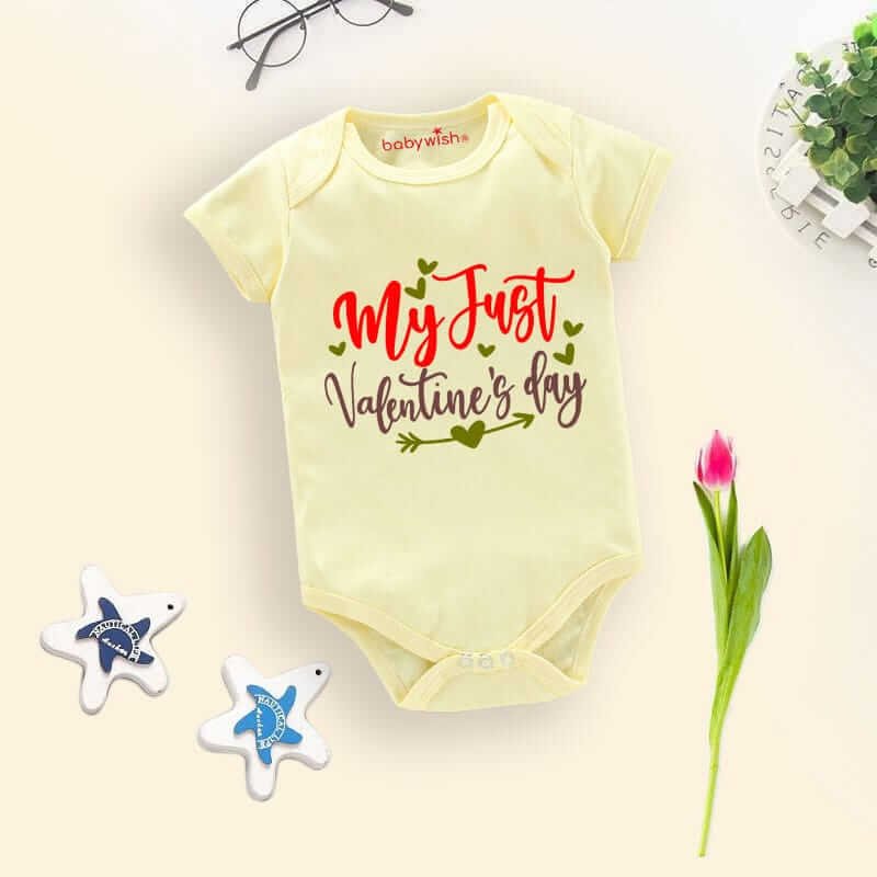 Baby First Valentine Day Romper Clothes | Baby Valentine Bodysuits Newborn Outfit | Envelop Neck Half Sleeve Unisex Onesies "My Just Valentine" Cute Baby Boy Girl Valentine Gift Romper | Babywish
