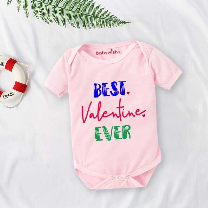 Baby First Valentine Day Romper Clothes | Baby Valentine Bodysuits for Newborn | Cute Outfit Envelop Neck Half Sleeve Unisex Onesies "Best Valentine Ever" Gift Dress for Baby Girls & Boys | Babywish