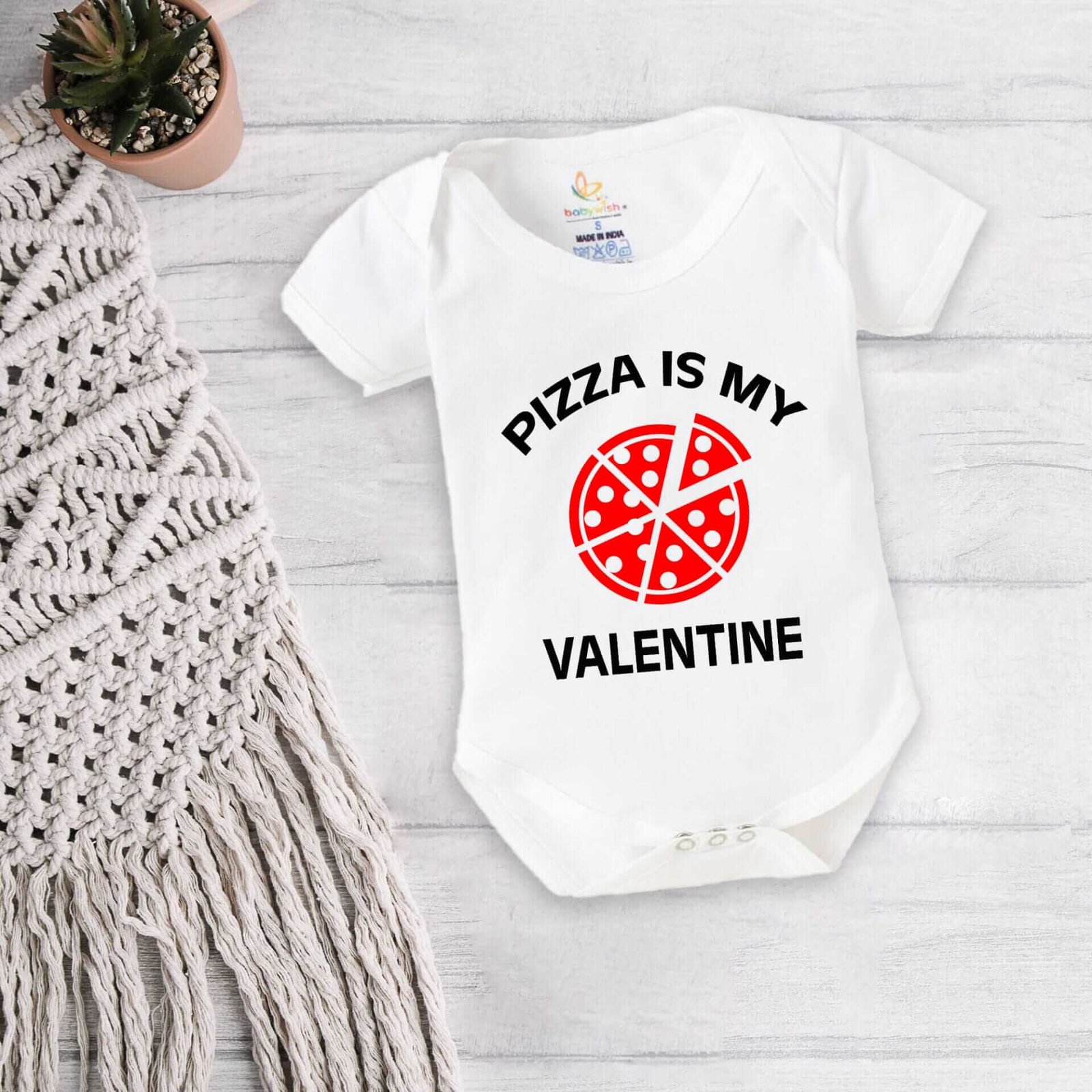 Baby First Valentine Day Romper Clothes | Baby Valentine Bodysuits Newborn Outfit | Envelop Neck Half Sleeve Unisex Onesies "Pizza is my Valentine Day" Baby Clothes | Babywish