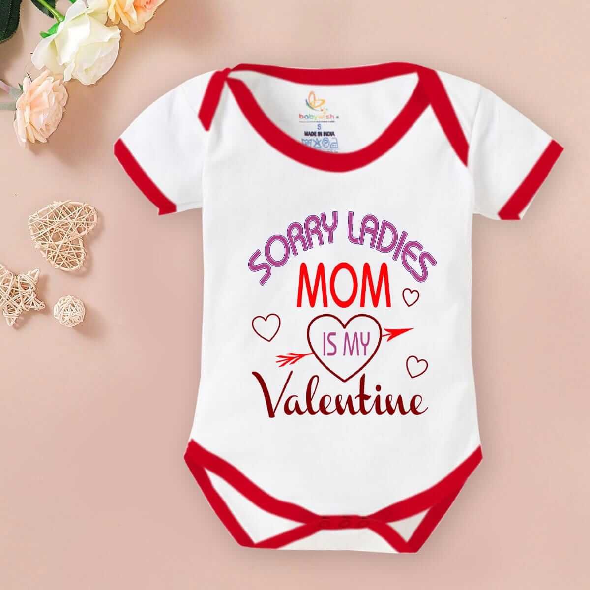 Baby First Valentine Day Romper Clothes | Baby Valentine Bodysuits Newborn Outfit | Envelop Neck Half Sleeve Unisex Onesies "Sorry Ladies Mom is my Valentine" Baby Clothes | Babywish