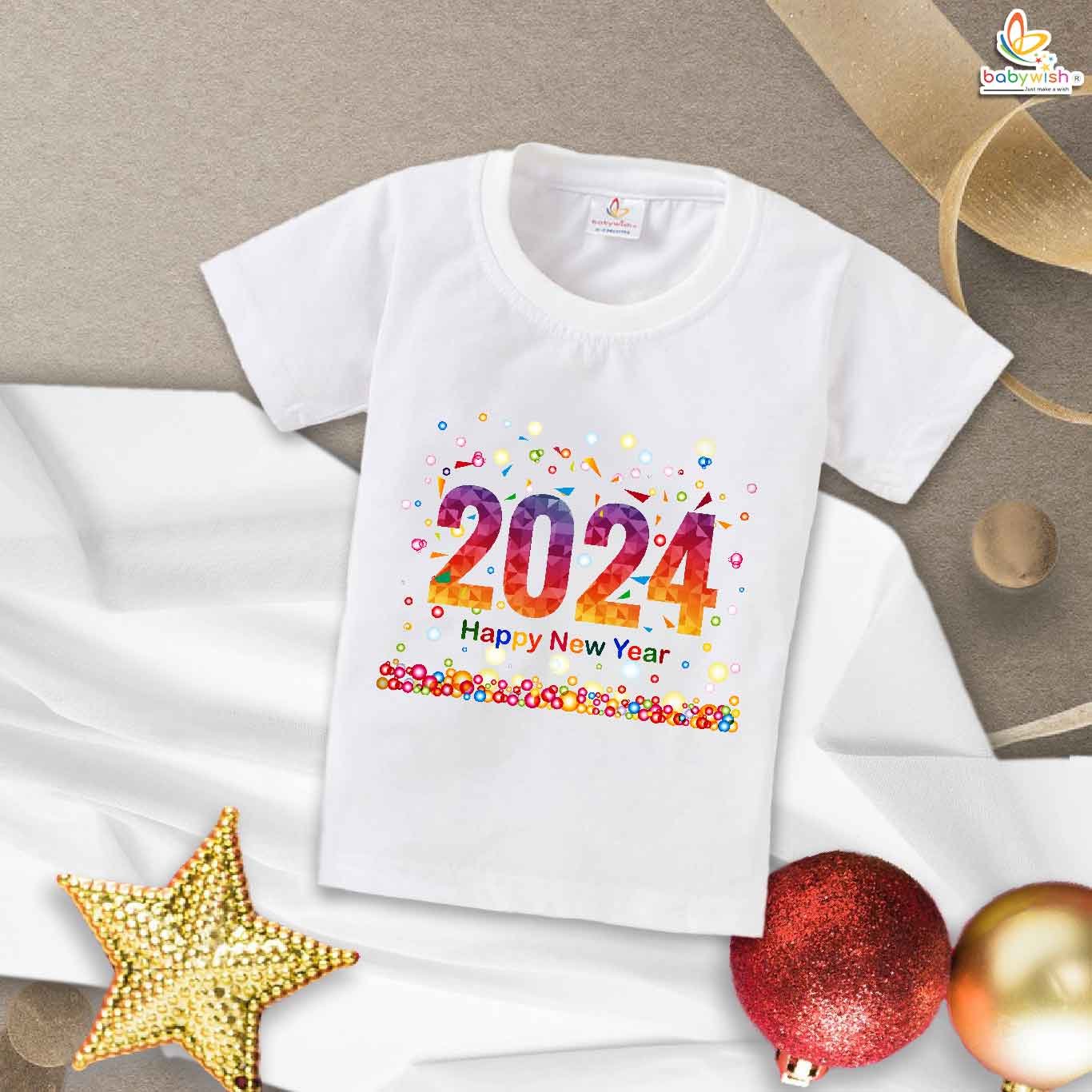 New Year T-shirt My First New Year T-shirt Happy New Year Balloon Lamp Print | Cute Baby Outfit for Boys & Girls | Cotton Half Sleeve Round Neck Topwear for First New Year Party & Celebration – Babywish