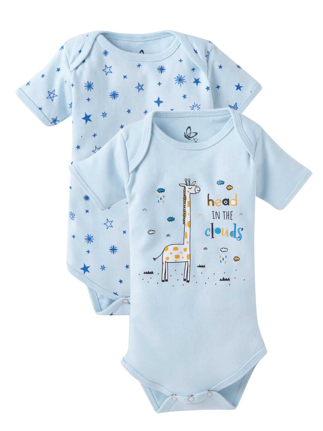 Unisex Baby Cotton Romper Set Blue Giraffe Print Soft Bodysuit Combo Head in the Clouds Pack of 2