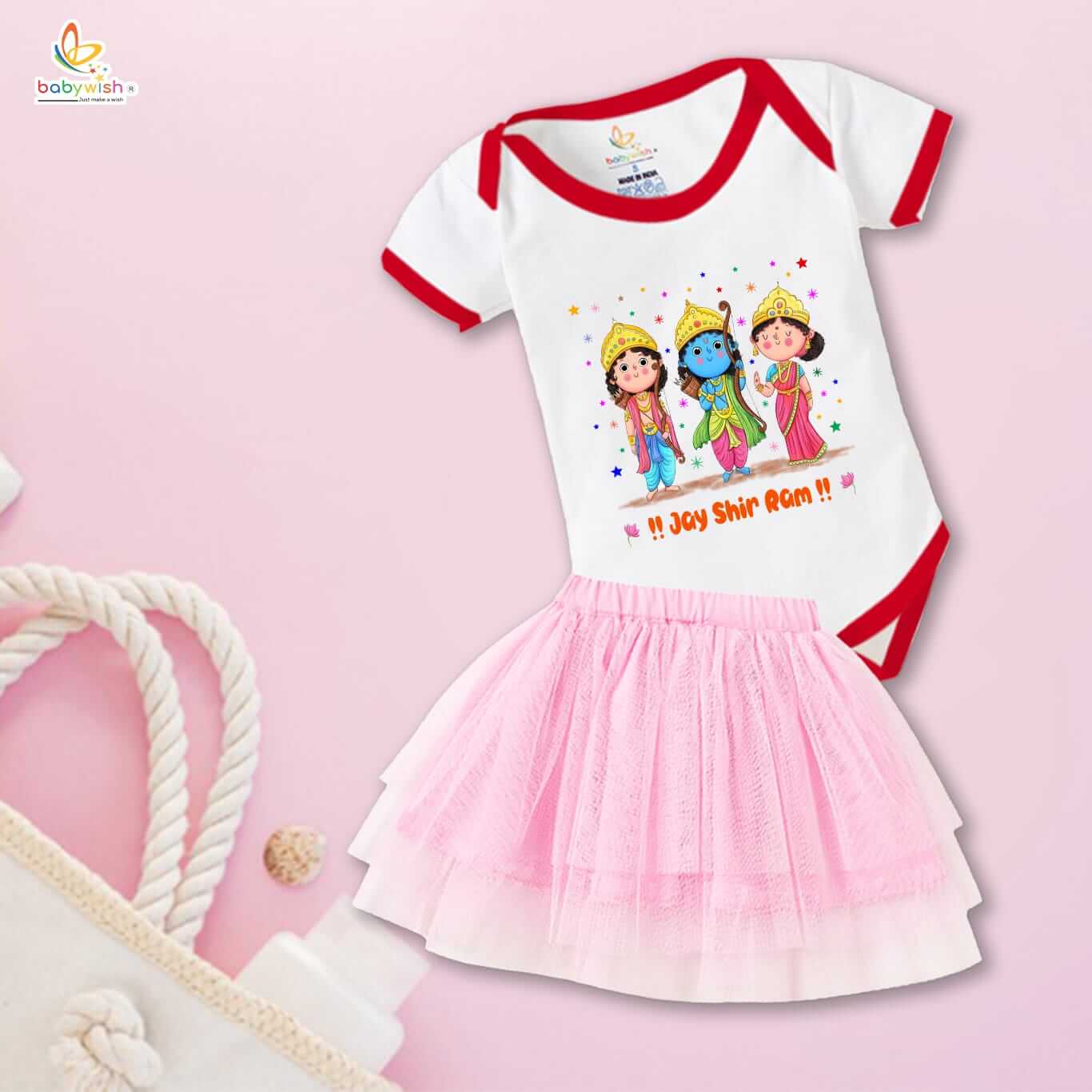 Ramnavmi Festivals Newborn Girl's Tutu Skirt & Romper | Baby Navratri Outfit | Printed Cotton Bodysuit Onesies Dress for Baby Girl | Traditional Festive Wear for Infants - Image 4