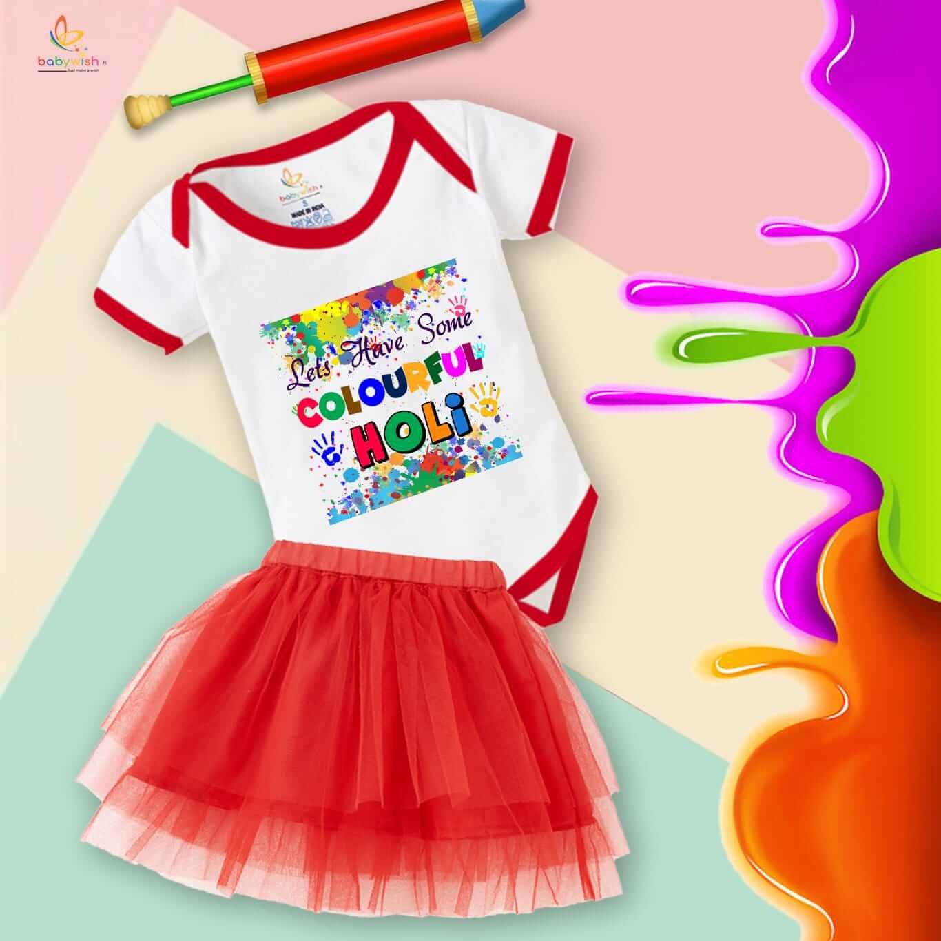 Newborn Girl’s Tutu Skirt & Romper | Holi Print Onesies Bodysuits | Baby 0–3 Months Outfit | Soft, Comfortable, Breathable Dress for Festivals, Parties & Everyday Wear