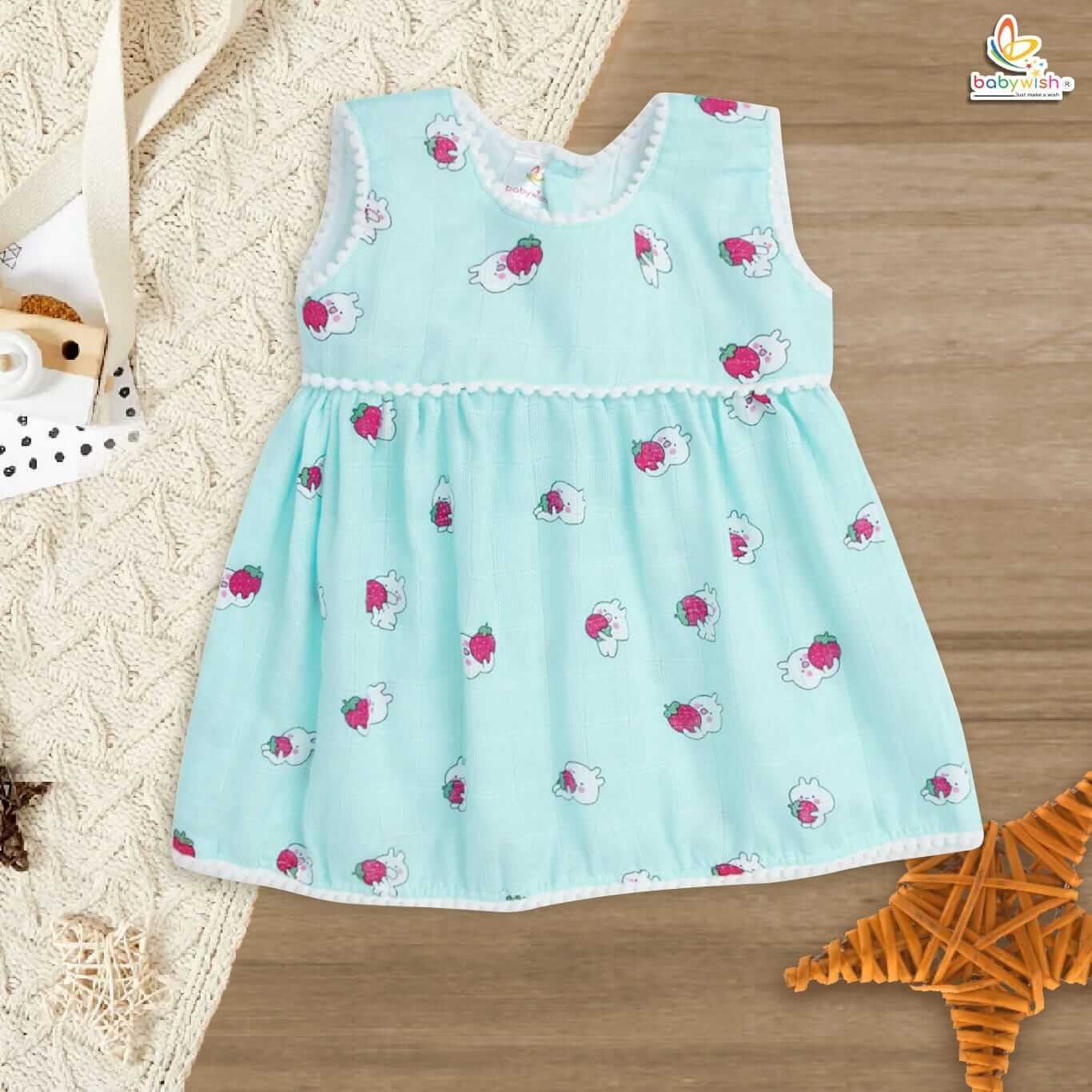 Babywish Baby Girl Organic Muslin Frock Newborn Girl Knee Length Dress Multi Theme Printed Teddy Print Blue