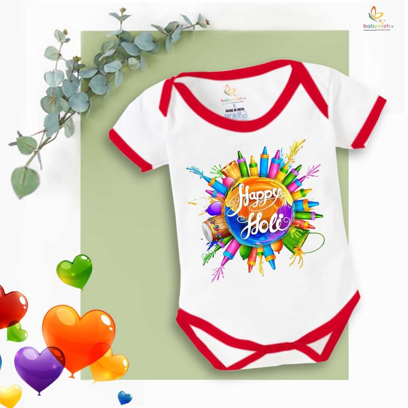 Baby First Holi Romper Clothes | Baby Holi Festival Bodysuits | Newborn Outfit Envelop Neck Half Sleeve Unisex Onesies “Watergun Printed Holi”