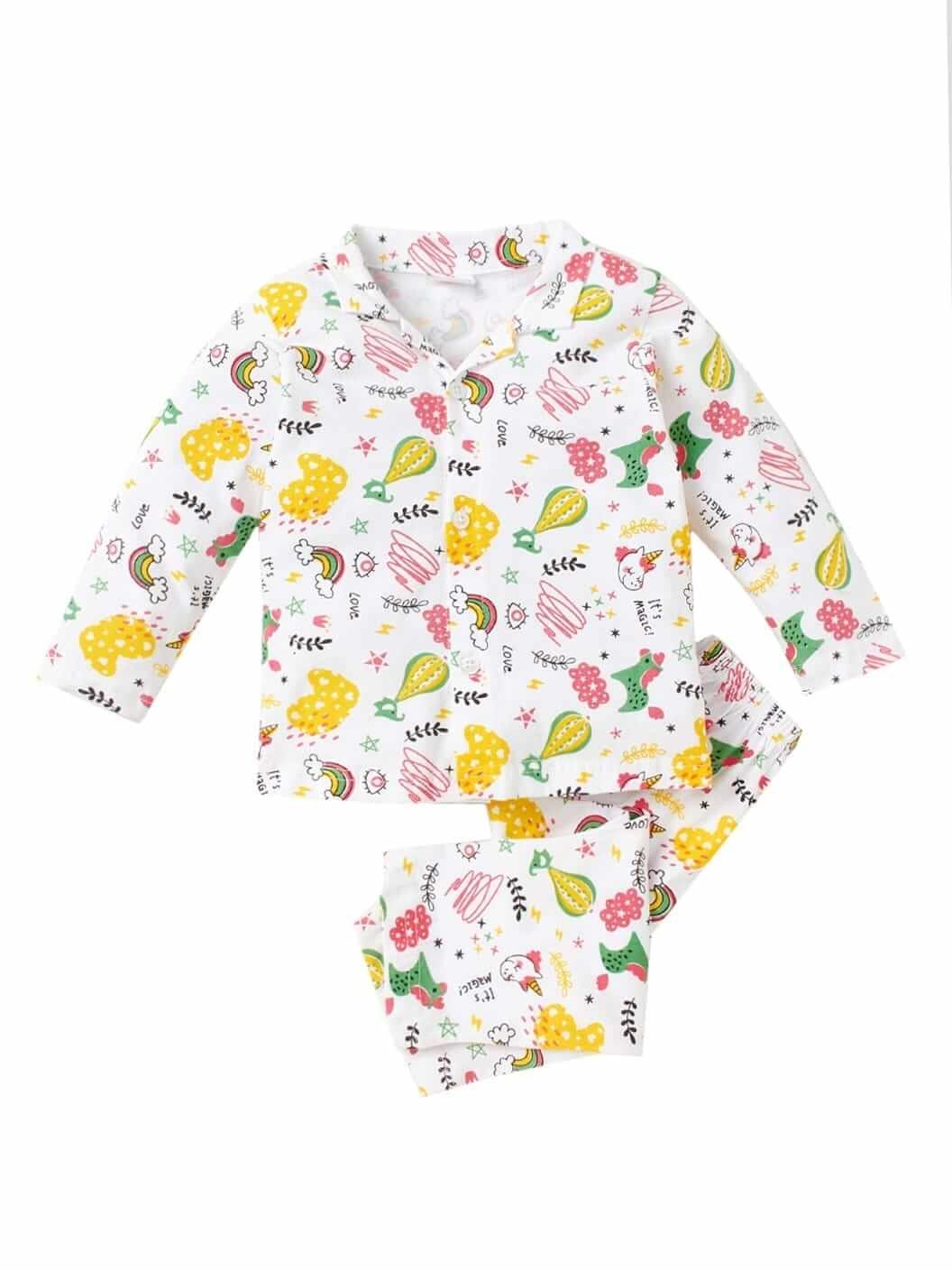 Kids Sleepsuit for Baby Boys and Girls Long Sleeve Topwear and Pajamas Set Baby Clothing Sleepwear Set White Unicorn Rainbow Theme for Newborns and Toddlers