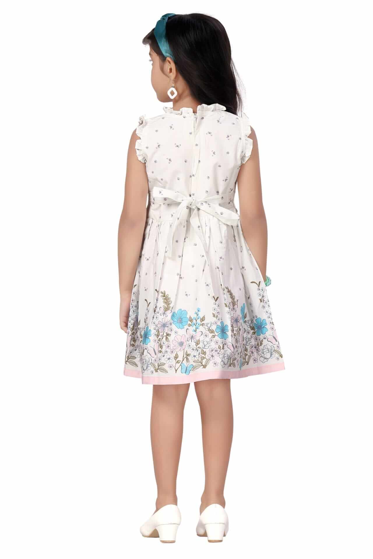 Girls Floral Print Knee Length Cotton Dress – Flutter Sleeve Party Frock - Image 8
