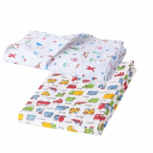 Muslin Swaddle Blanket Combo Pack for Newborn Baby, Soft Breathable Cotton Receiving Blankets, Vehicle Print & Nature Print Baby Wrap White Multicolor 0-3 Months | Babywish
