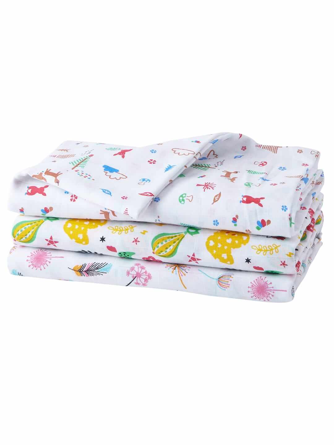 Premium Soft Cotton Muslin Swaddle Blanket Set of 3 for Newborn Babies | Breathable Receiving Blanket, Baby Wrap Sheet, Multi-Print Baby Blanket for Boys & Girls | White Multi Color | 0-3 Months | Babywish - Image 2