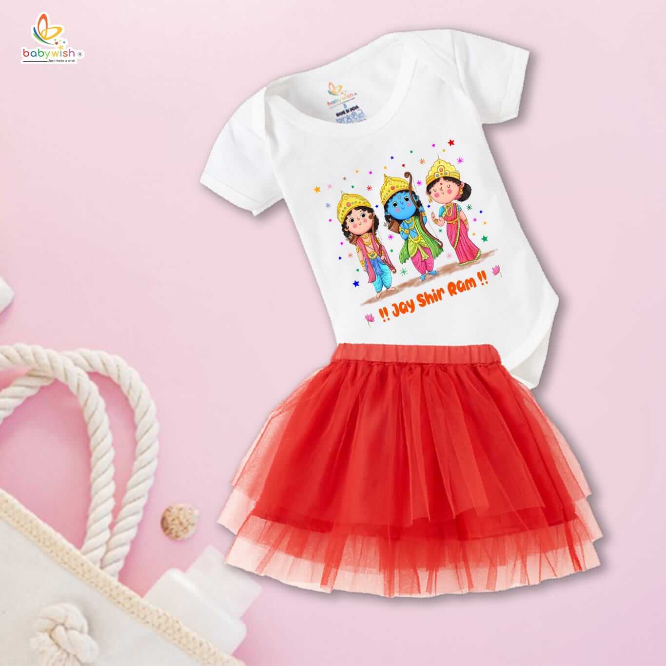Ramnavmi Festivals Newborn Girl's Tutu Skirt & Romper | Baby Navratri Outfit | Printed Cotton Bodysuit Onesies Dress for Baby Girl | Traditional Festive Wear for Infants - Image 2