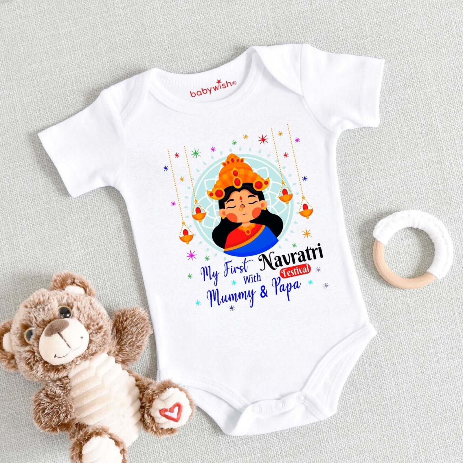 Baby First Ramnavmi Romper | Navratri Printed Newborn Bodysuit | Half Sleeve Unisex Festival Onesies for Infants | Traditional Hindu Baby Outfit