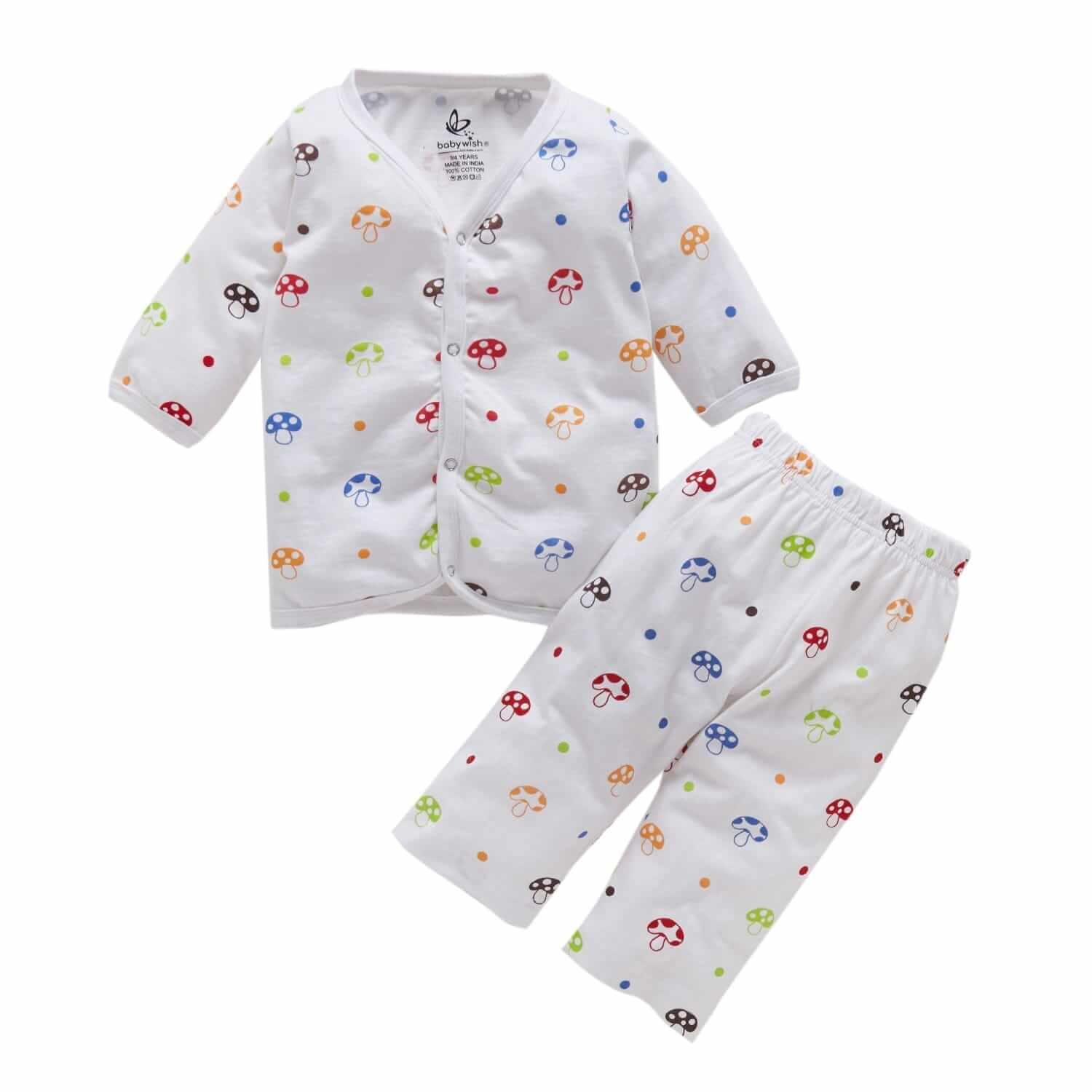 Baby Clothing Set Full Sleeve Jhabla for New Born T-shirt Pajama Set - White Mushroom Print