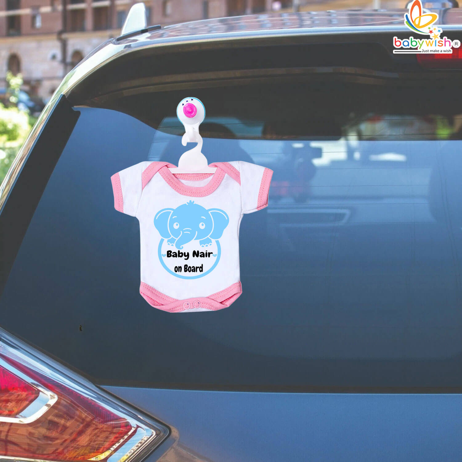 Baby On Board Car Accessory Hanger for Infant Travel Awareness – Personalized Hanging Romper with Suction Cup Alert for Car Window, Pink, Yellow, Blue – Babywish