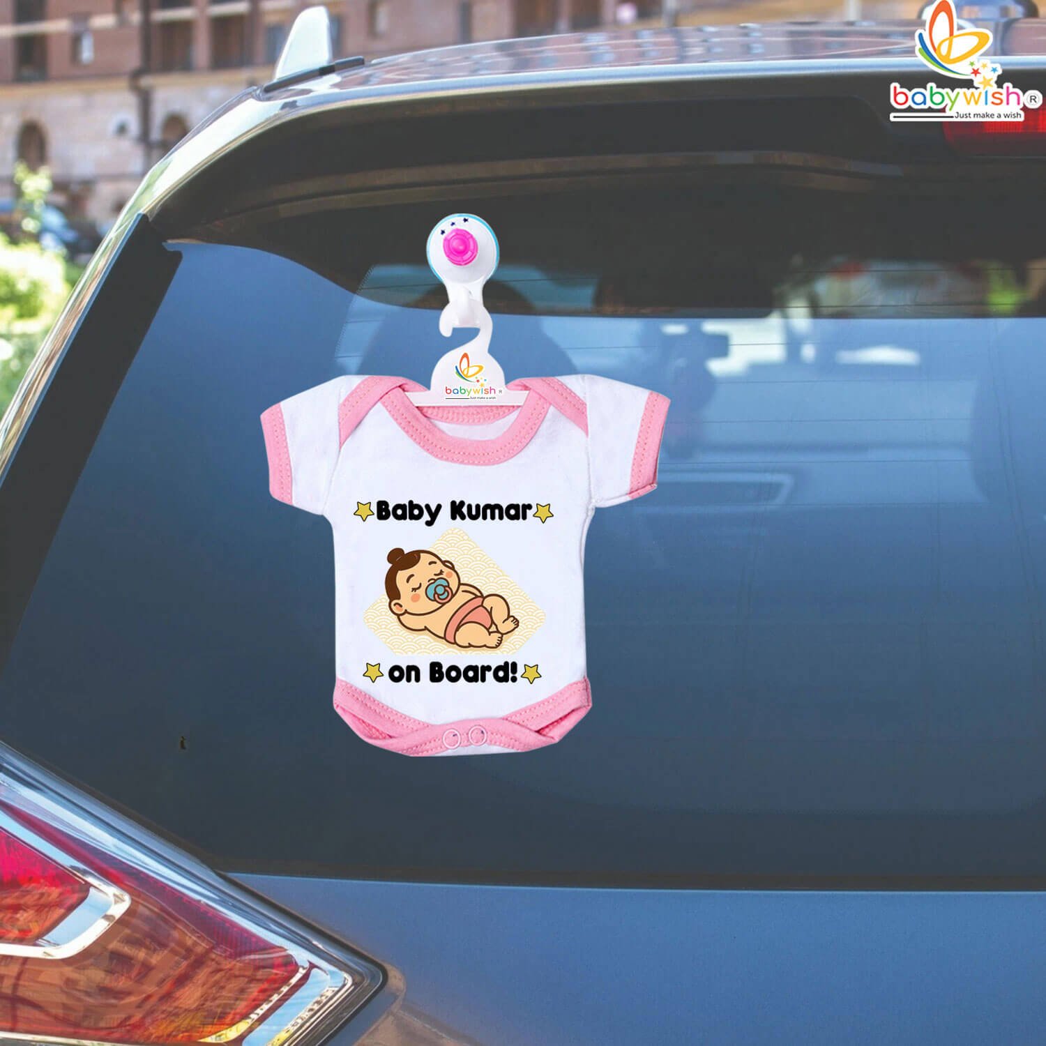 Babywish Baby On Board Car Safety Awareness Romper – Premium Cotton Hanging Romper with Strong Suction, Clear Warning Design, Yellow Pink Blue | Babywish