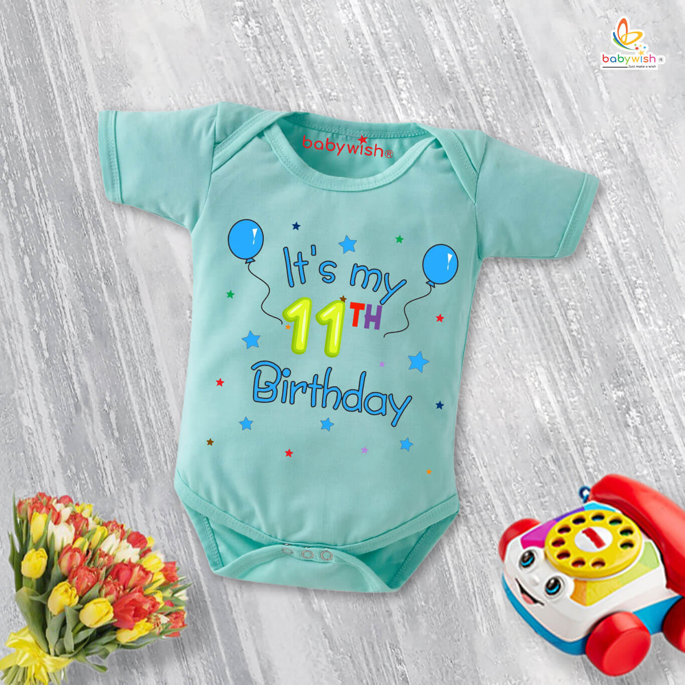 "Eleven Month Baby Romper for Newborns, Unisex Half Sleeve Round Neck Onesie, Soft Cotton Infant Outfit, Comfortable 11-Month Old Baby Clothing for Boys and Girls, Ideal Everyday Wear"