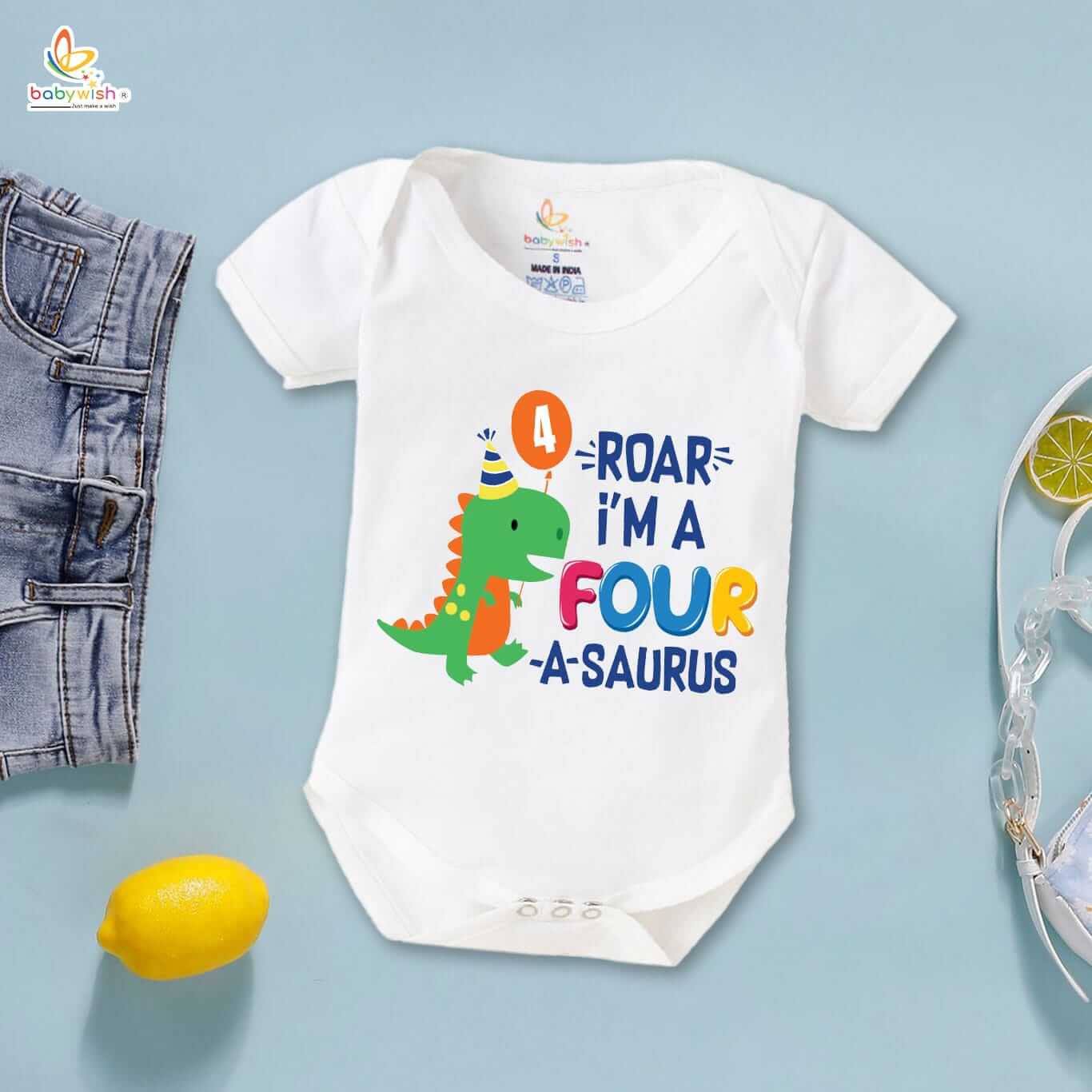 Babywish Dinosaur 4th Birthday Baby Romper – Roar I’m A Four-A-Saurus Printed Half Sleeve Cotton Onesie for Boys & Girls - Image 2