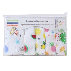 Baby Washcloths Set of 6 Organic Muslin Cotton Baby Face Towels, Soft Absorbent Newborn Bath Wipes, Reusable Baby Cleaning Cloths for Boys & Girls White Fruit Print | Babywish