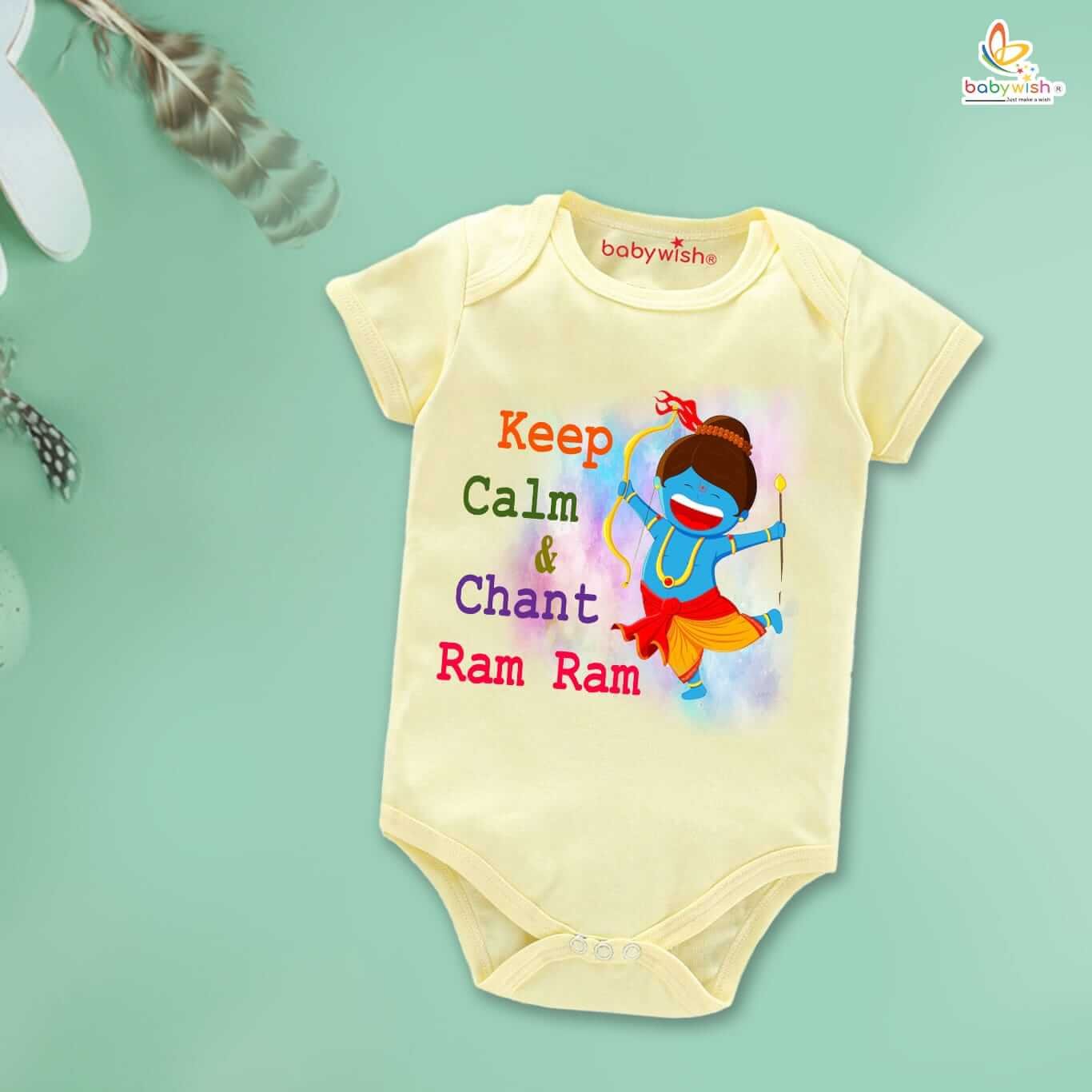 Baby First Ramnavmi Romper | Keep Calm & Chant Ram Ram Printed Baby Romper | Navratri Festival Bodysuits for Newborn | Soft Cotton Half Sleeve Unisex Onesies Outfit with Envelope Neck
