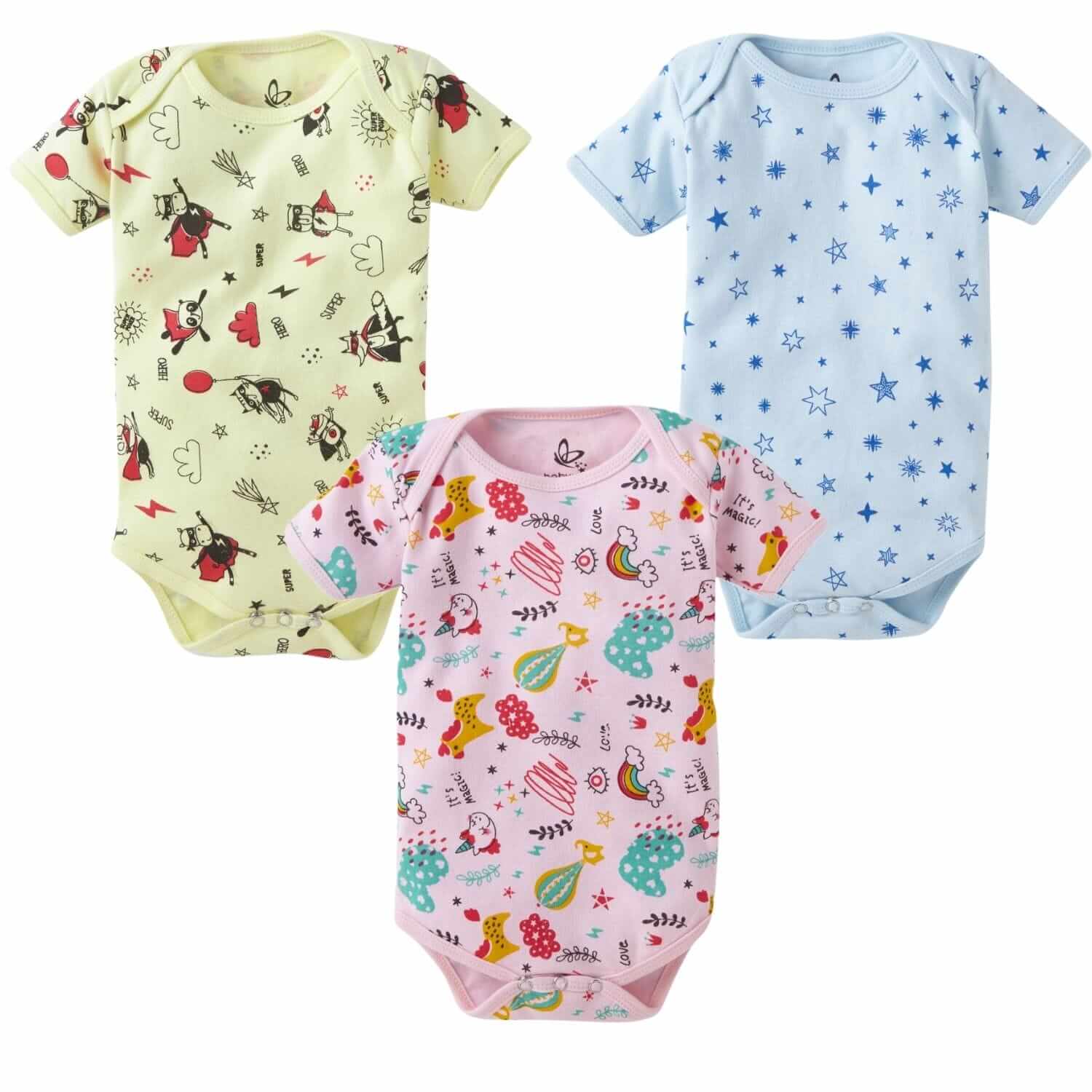 Baby Boys and Girls Cotton Half Sleeve Bodysuits, Infant Rompers Onesies, Soft Comfortable Newborn Clothing Gift Set, Perfect Baby Shower Present, Pack of 3