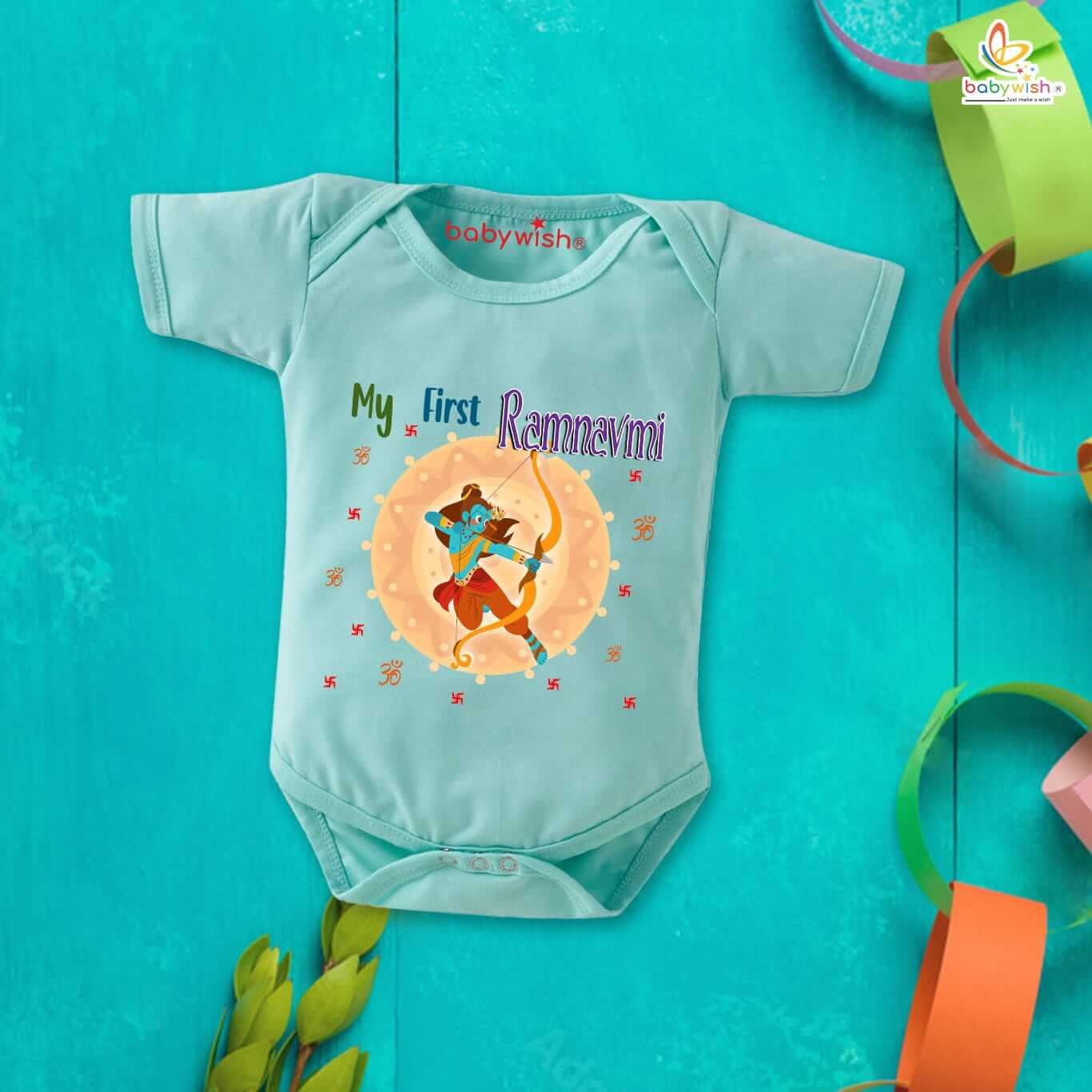 Baby First Ramnavmi Romper | My First Ram Navmi Printed Baby Romper | Navratri Festival Newborn Bodysuit | Soft Cotton Half Sleeve Unisex Onesies Outfit with Envelope Neck