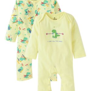 Baby Boys and Girls Cotton Full Sleeve Bodysuits, Infant Rompers Onesies, Soft Comfortable Lemon Dinosaur Print Designs, Ideal Newborn Clothing Gift Set, Set of 2
