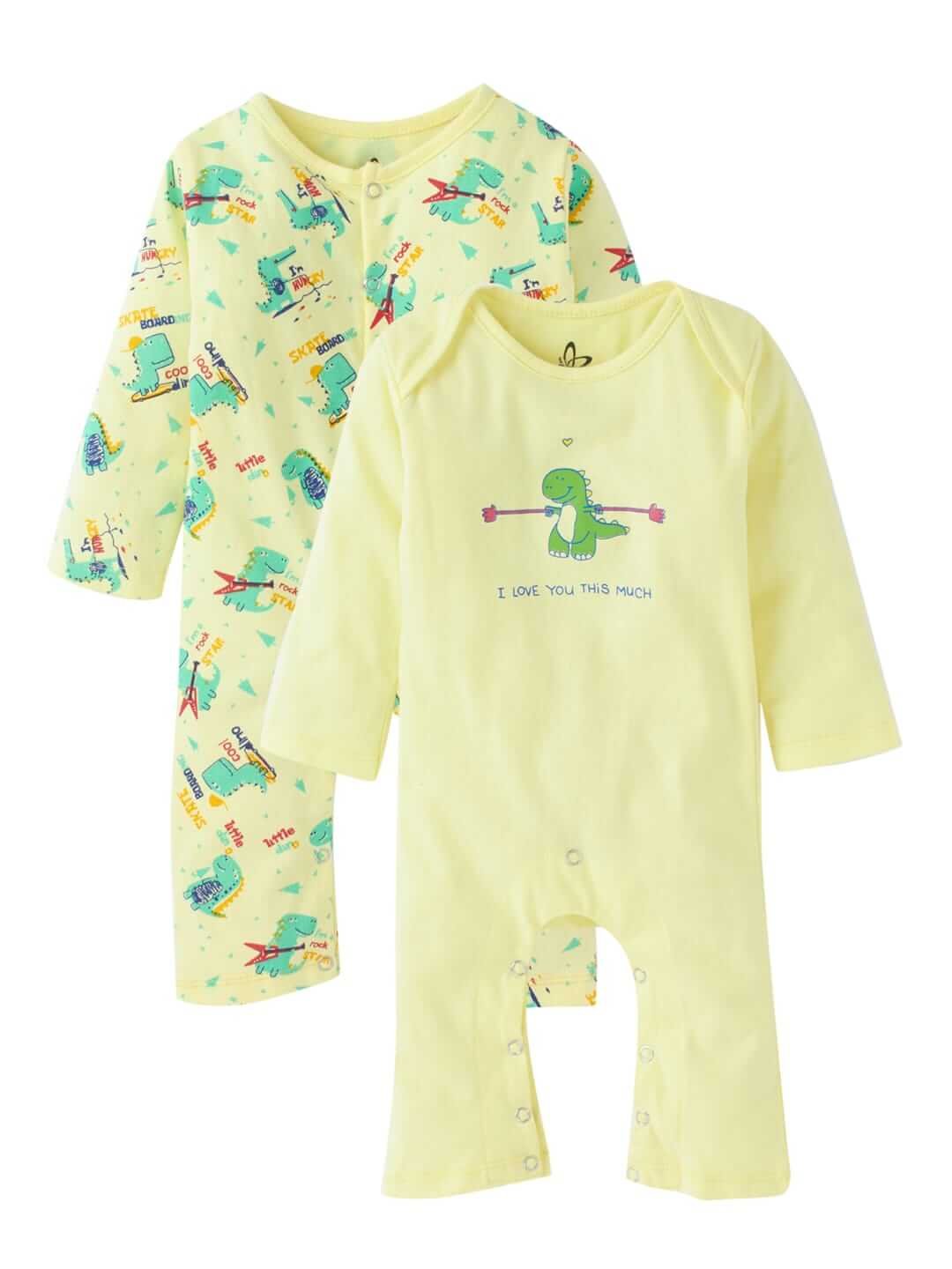 Baby Boys and Girls Cotton Full Sleeve Bodysuits, Infant Rompers Onesies, Soft Comfortable Lemon Dinosaur Print Designs, Ideal Newborn Clothing Gift Set, Set of 2
