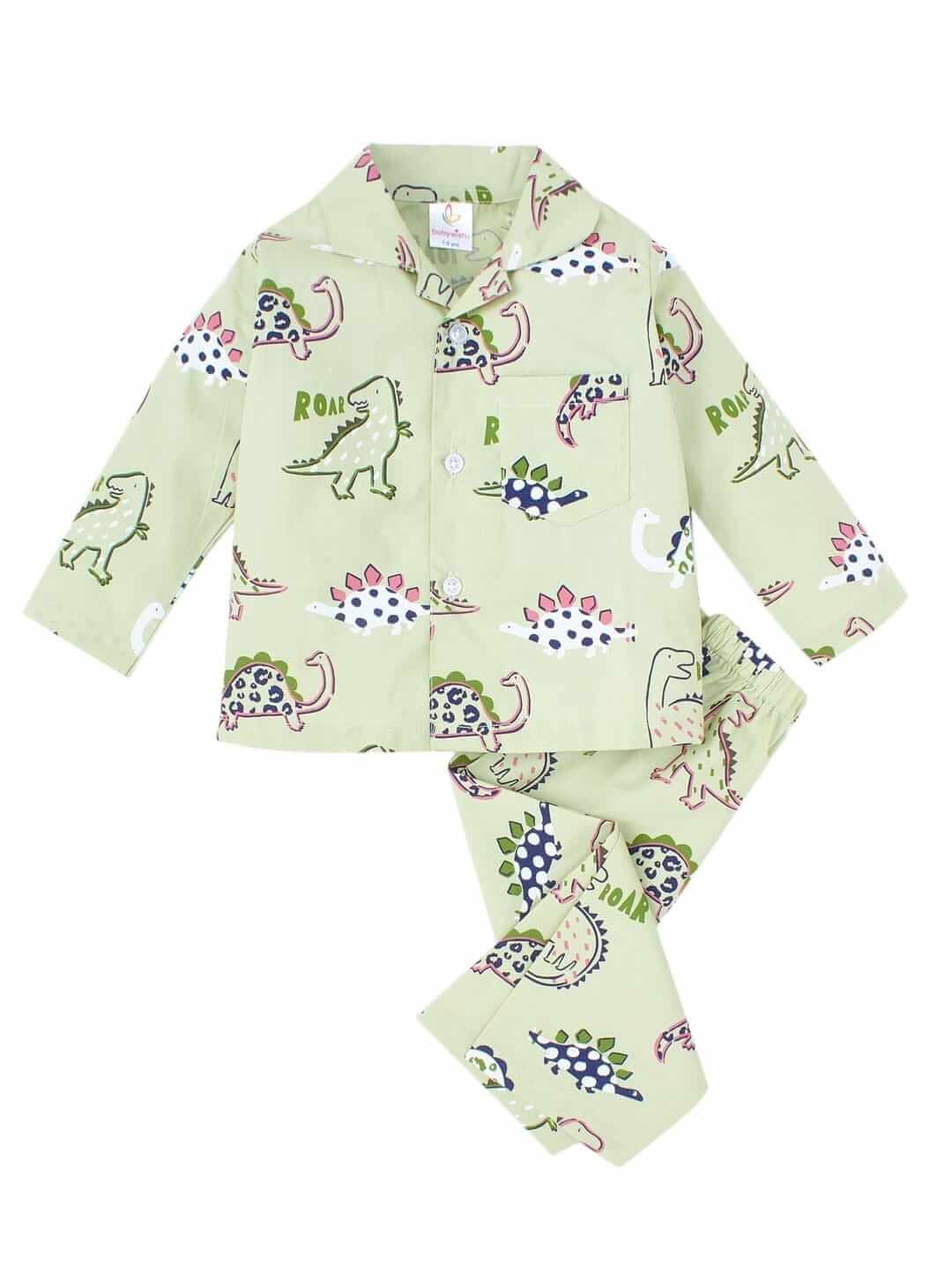 Kids Sleepsuit for Baby Boys and Girls Long Sleeve Topwear and Pajamas Set Baby Clothing Sleepwear Set Green Dinosaur Print for Newborns and Toddlers