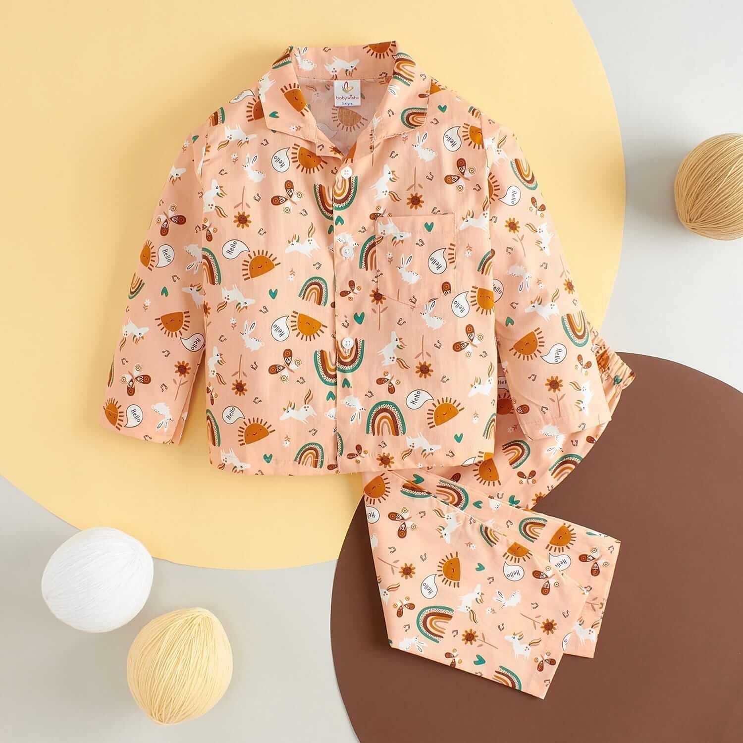 Kids Sleepsuit for Baby Boy’s and Girl’s Topwear and Pajamas Set Long Sleeve Sleepwear Baby Clothing Sets - Peach Apollo Print