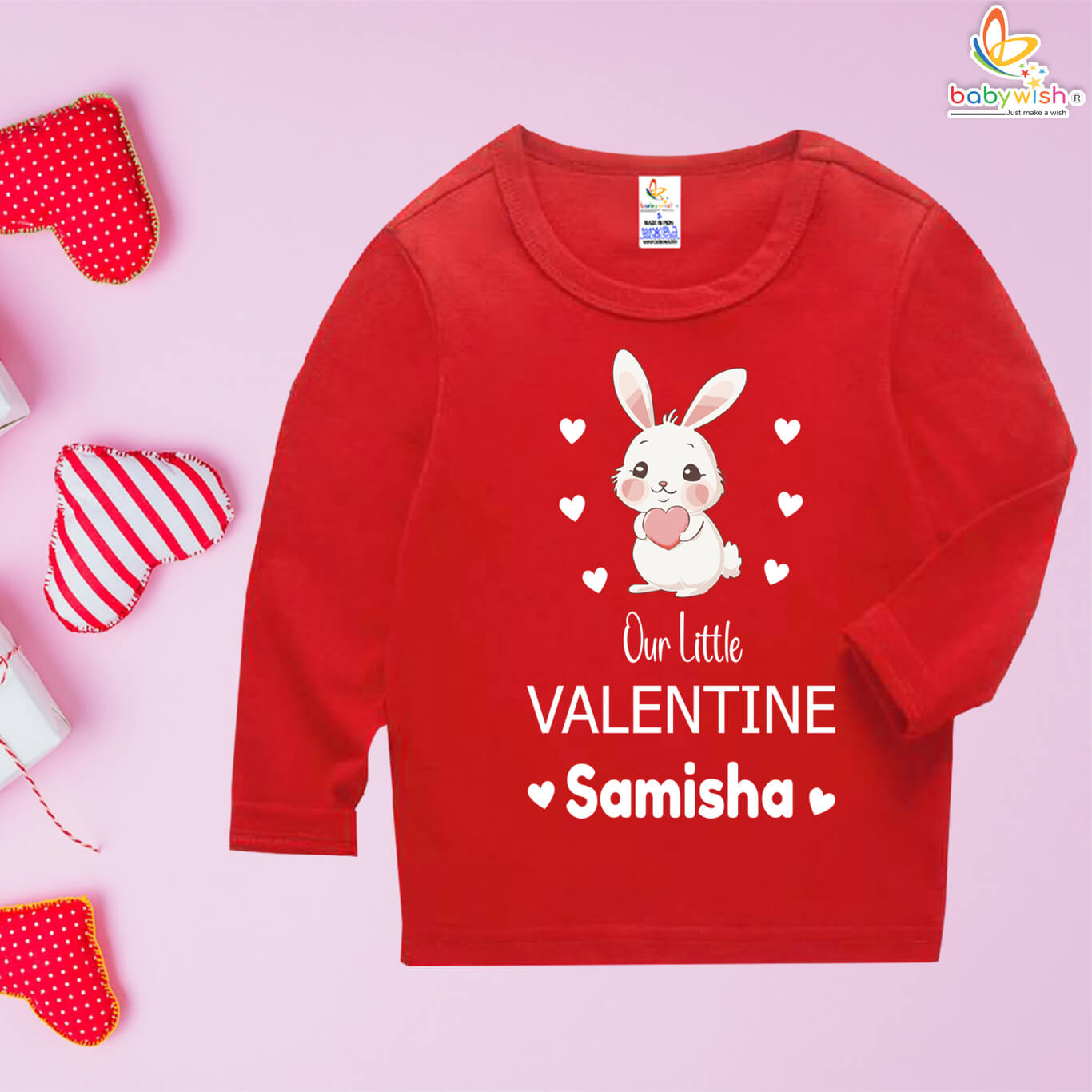 Baby Valentine Bunny Print Full Sleeve T-Shirt | Personalized Kids Valentine Outfit | Soft Cotton | Custom Name | Red, Red-White, Black, Black-White | Babywish