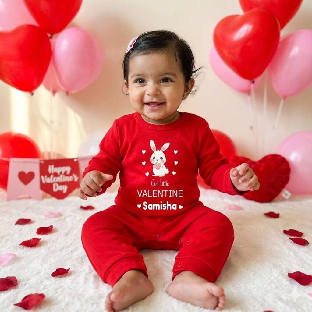 Baby's Valentine Outfit | Cute Bunny Print Cotton Full Sleeve Full Romper | Personalized Baby’s First Valentine Onesie |Color Red & Black | Babywish