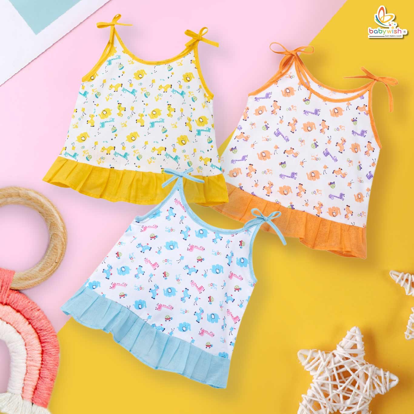 Babywish Baby Girl Cotton Frock Newborn Girl Knee Length Sleeveless Dress Animal Theme Printed